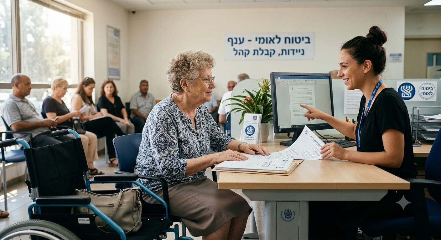 אישה מבוגרת לצד כיסא גלגלים מקבלת שירות ומידע על קצבת ניידות בסניף הביטוח הלאומי, ענף ניידות